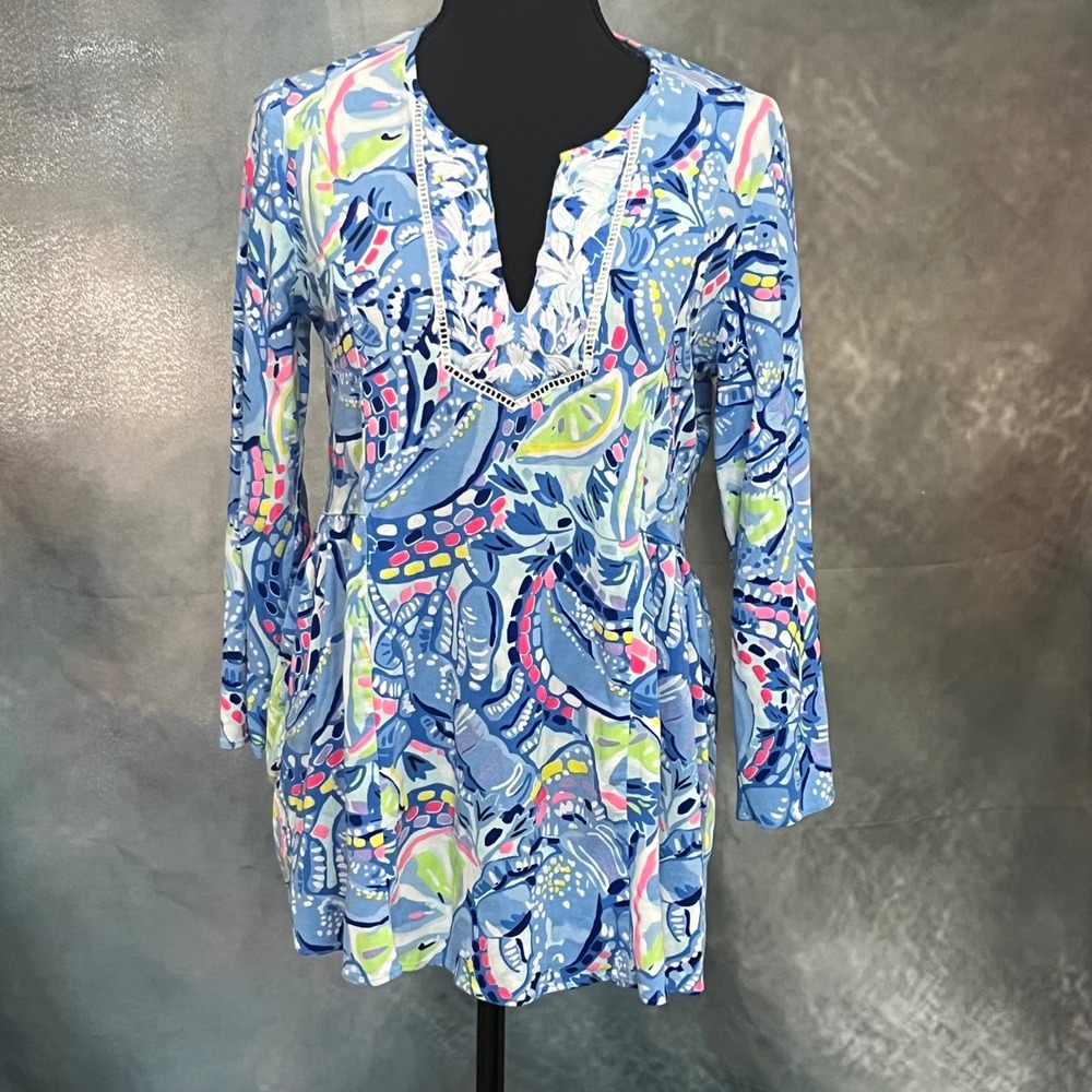 Lilly Pulitzer Lyndsey‎ Tunic Blue Tropical Print Embroidered V-Neck Small